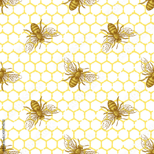 Bee and honeycomb seamless vector pattern. Hand drawn engraving style illustration.
