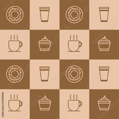 Illustration graphic design of coffee, donut, cake and tea in patern. Fit to place on packaging design, food court wallpaper, culinary backdrop, etc.