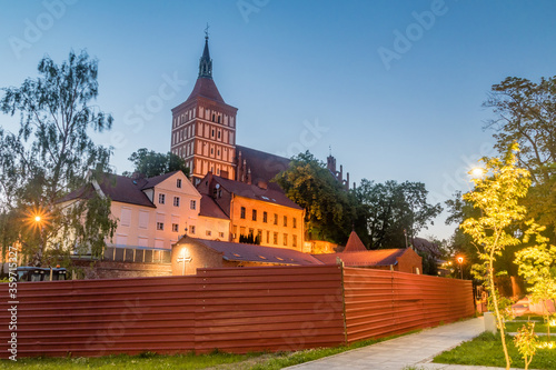 Cathedral Basilica of St. James at night in Olsztyn, Poland.