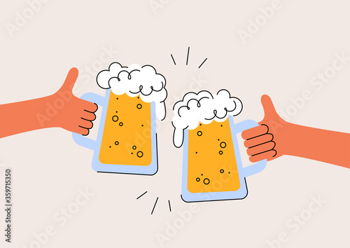 Cheers. International Beer Day. Two hands are holding the beer glasses mugs. Design print for poster, banner, cards, invitation to party. Oktoberfest Festival. Vector simple modern flat illustration