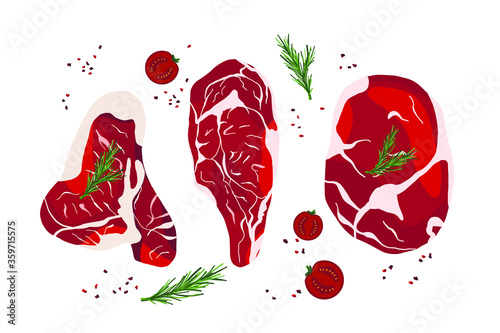 Meat steak. Beef tenderloin. Bbq set. Color vector illustration.