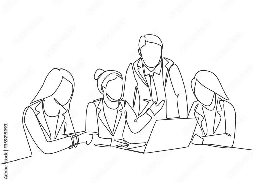 One single line drawing of young happy female CEO presenting new technology innovation to the members at the office. Startup work life. Concept continuous line draw design vector graphic illustration