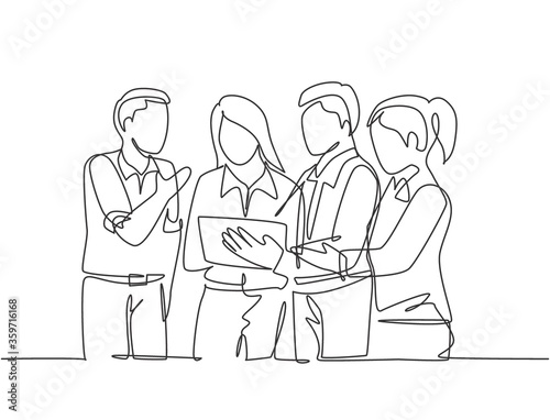 One single line drawing of young business man and business woman watching stock market movements on tablet screen at office. Stockbroker concept continuous line graphic draw design vector illustration