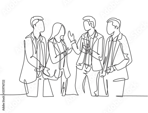 One continuous line drawing of young male and female employees have a little chat while a working break at the head office. Workers daily life concept single line draw design vector illustration