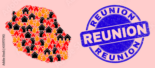 Fire and houses mosaic Reunion Island map and Reunion corroded stamp imitation. Vector mosaic Reunion Island map is constructed from randomized burning houses.