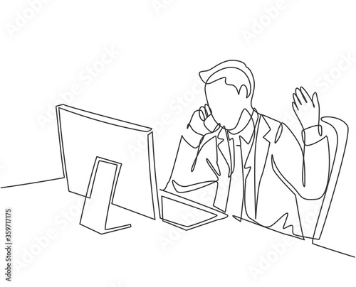One continuous line drawing of young male employee get call from his manager and asking to explain sales dropped. Sales decrease problem concept single line draw design graphic vector illustration