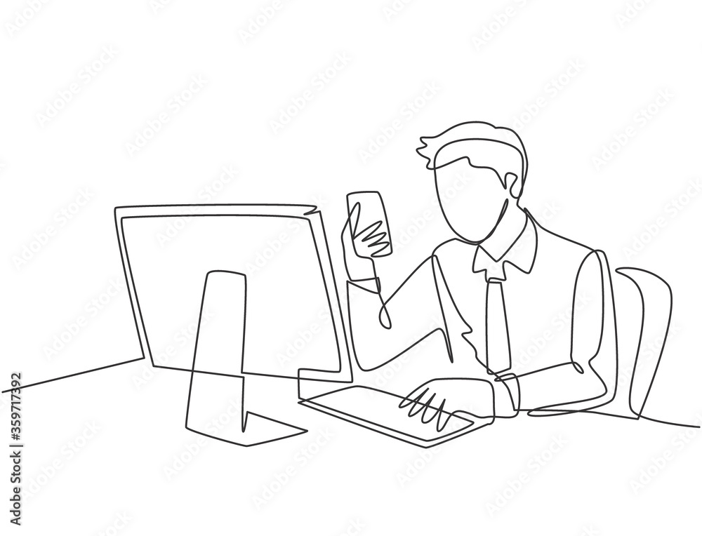 Single continuous line drawing of young manager typing message on smartphone and sending it to his colleague while siting at the office. Text messaging concept one line draw design vector illustration Single continuous line drawing of young manager typing message on smartphone and sending it to his colleague while siting at the office. Text messaging concept one line draw design vector illustration