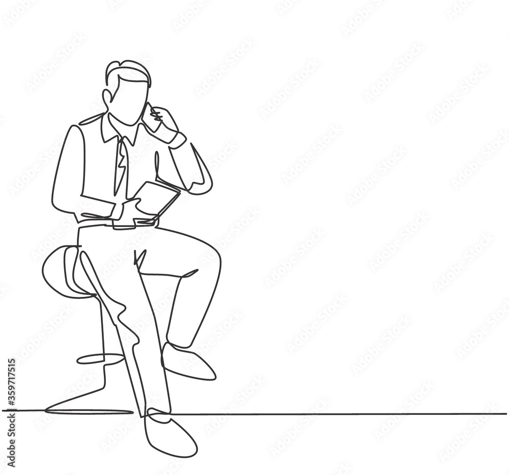 Single continuous line drawing of young businessman sitting relax on work chair and analyzing annual report at tablet screen. Business analyze concept one line draw design vector graphic illustration