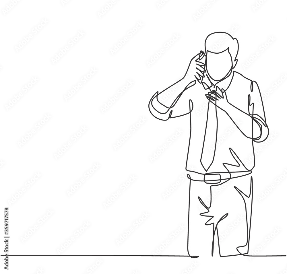 One continuous line drawing of young male business owner get a phone call from his supplier to tell supply delivery schedule. Business call concept. Single line draw design graphic vector illustration One continuous line drawing of young male business owner get a phone call from his supplier to tell supply delivery schedule. Business call concept. Single line draw design graphic vector illustration