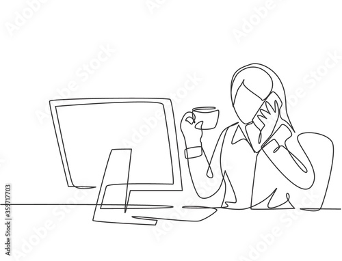 One continuous line drawing of young female employee drinking a cup of coffee and calling her friend using cellphone at the office. Phone talk concept single line draw design vector illustration