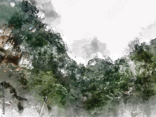 Abstract colorful mountain range in the forest on watercolor illustration painting background. © Watercolor_Concept