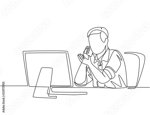 One continuous line drawing of young furious business man pointing finger while calling staff on phone at the office. Business call direction concept. Single line draw design vector illustration