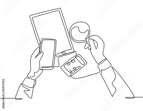 Single continuous line drawing of hand holding smartphone and a cup of coffee beside calculator and tablet on desk. Office equipment concept. Modern one line draw design vector graphic illustration
