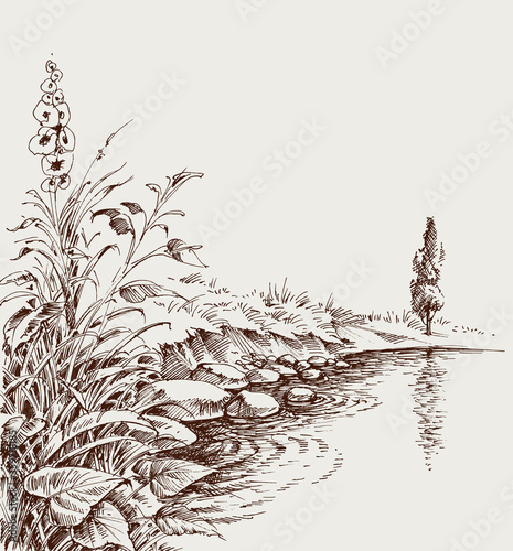 Lake shore, river bank artistic hand drawing. Relaxing in nature background