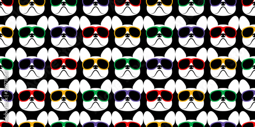 Cute cartoon french bulldog. Hand drawn seamless vector illustration art on black background . White French bulldog wearing sunglasses. 
