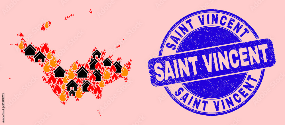 Fire and homes composition Saint Barthelemy map and Saint Vincent dirty stamp. Vector collage Saint Barthelemy map is created from randomized burning homes.