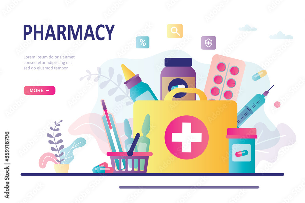 Obraz premium Bag with different medical pills and bottles. Healthcare, pharmacy landing page template. First aid kit, medicine chest.