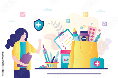 Pharmacist sells drugs. Nurse working in drugstore.Farmacy and healthcare concept photo