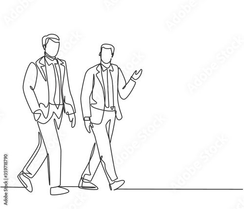 One single line drawing of young businessmen walking together colleague on city street discussing work to go to the office. Urban commuter workers concept. Continuous line draw design illustration