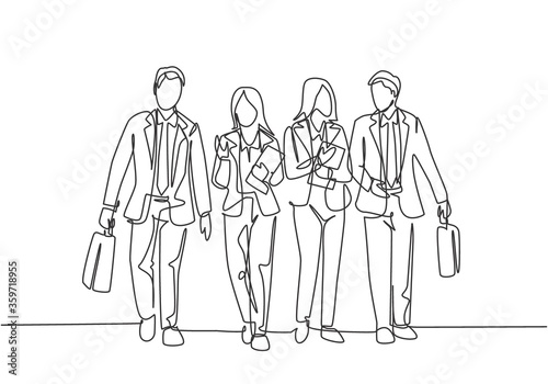 One single line drawing of young businessmen and businesswoman walking together on city road discussing work. Urban commuter workers concept. Continuous line draw design vector illustration