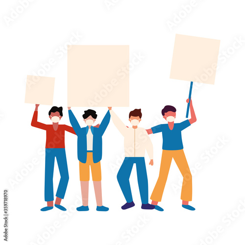 Men with medical masks and banners boards vector design