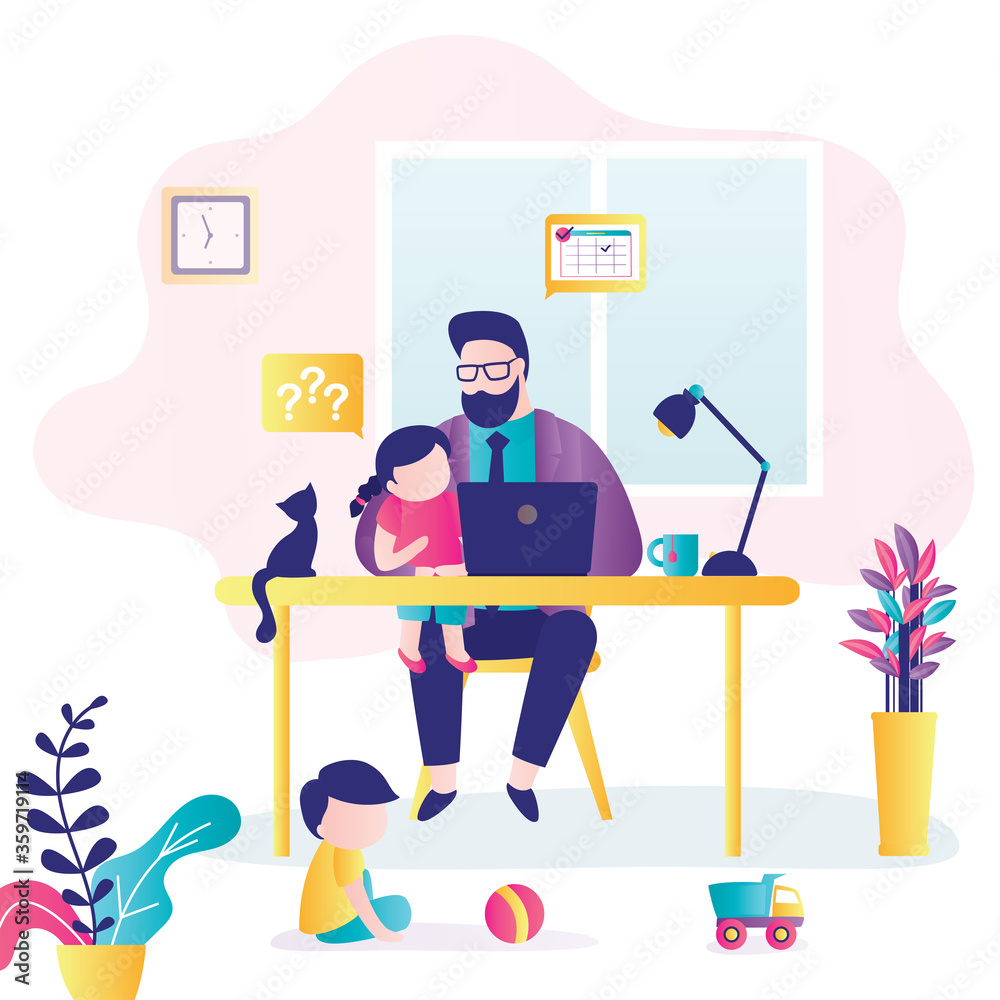 Remote work. Businessman at workplace with children. Dad can’t work productively, children interfere with concentration. Multitasking concep