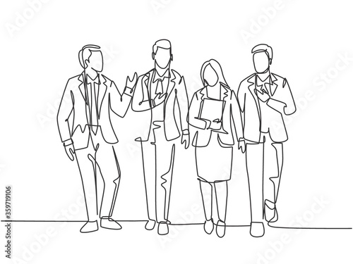 Single continuous line drawing of young businessman and businesswoman walking and talking together on office lobby. Urban commuter workers concept one line draw design vector illustration