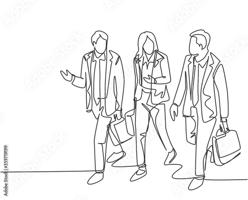 One continuous line drawing of young male and female managers talking and walking together on office parking area. Urban commuter workers concept single line draw design vector graphic illustration