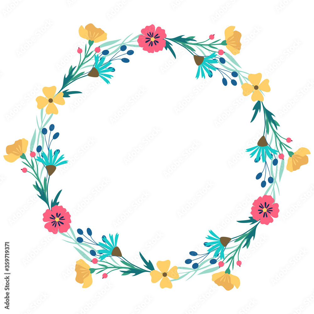 Vector floral frame - wreath with flowers, berries, leaves. Flat illustration isolated on white background