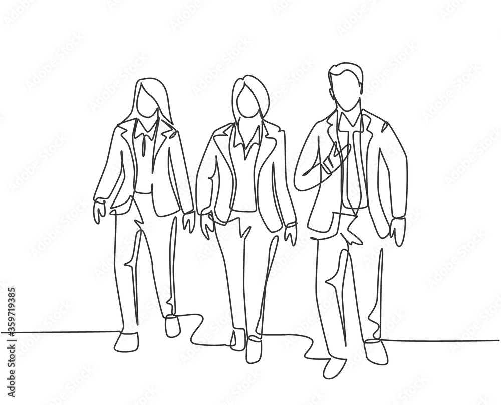 One continuous line drawing of young male and female employees talking and walking together on the street to go to city subway. Urban commuters concept single line draw design vector illustration One continuous line drawing of young male and female employees talking and walking together on the street to go to city subway. Urban commuters concept single line draw design vector illustration