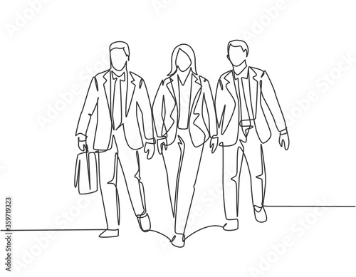 Single continuous line drawing of young businessman and businesswoman walking and talking together to the office. Urban commuter workers concept one line draw design graphic vector illustration