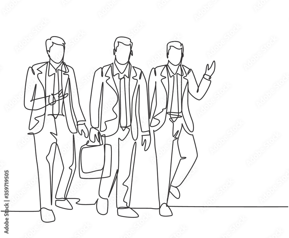 One continuous line drawing of young happy male sales managers walking together and discussing new selling strategy. Urban commuter workers concept single line graphic draw design vector illustration One continuous line drawing of young happy male sales managers walking together and discussing new selling strategy. Urban commuter workers concept single line graphic draw design vector illustration