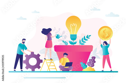 Businesspeople grows business idea. Business characters invest in new idea. Concept making money. Teamwork, development project