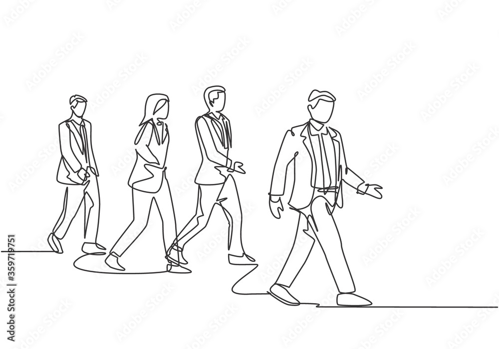 One continuous line drawing of group male and female urban commuters walking pass over on city street go to the office. Urban commuter workers concept single line draw design vector illustration One continuous line drawing of group male and female urban commuters walking pass over on city street go to the office. Urban commuter workers concept single line draw design vector illustration