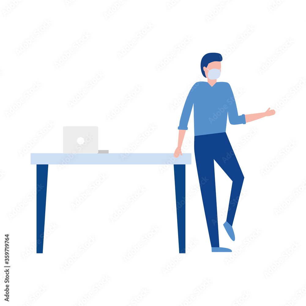 Man with medical mask and table with laptop vector design Man with medical mask and table with laptop vector design