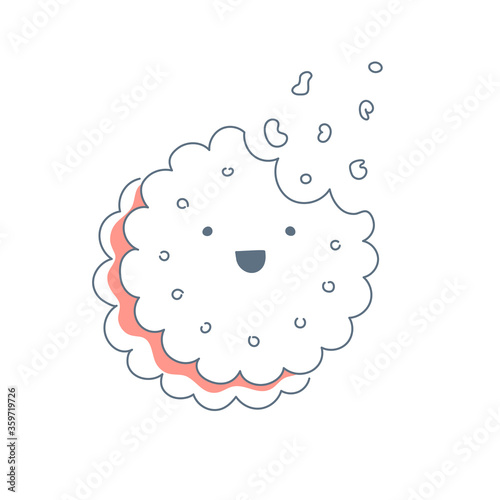 Browser cookies or tracking cookies concept. Cute cartoon vector cookie or cake on white background. Flat line icon