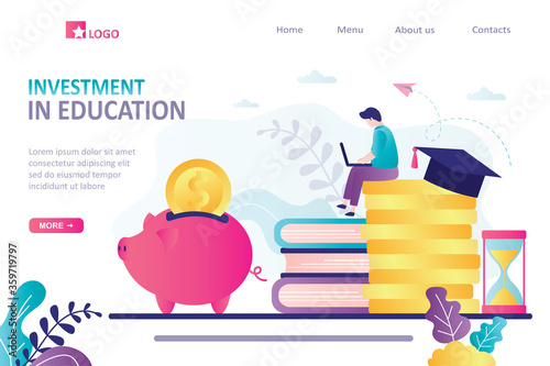 Investment in education landing page template. Businessman studying on laptop. Male student invest in knowledge. E-learning,online courses,