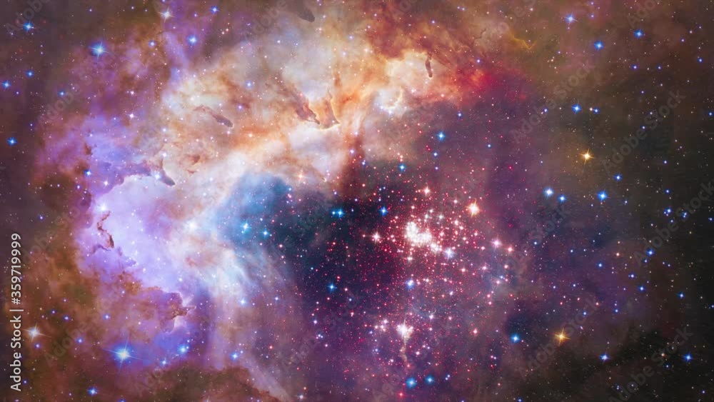 Animation of flying through the stars and interstellar Orion nebulas. Clouds and gas in space. Universe galaxy. Purple celestial nebula constellation and star field in deep outer space.
