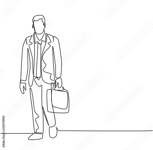 One single line drawing of young male manager walking on town street to go to the office while holding suitcase. Urban commuter worker concept continuous line draw design vector illustration