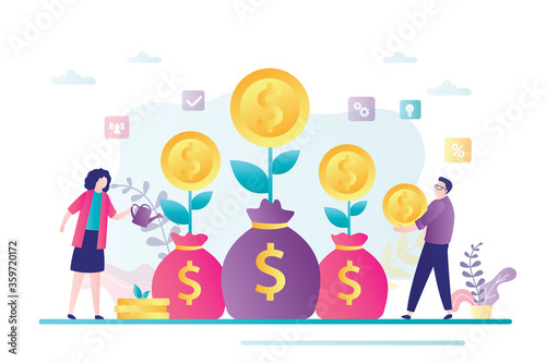 Business woman watering money tree. Businessman save money for promotion.