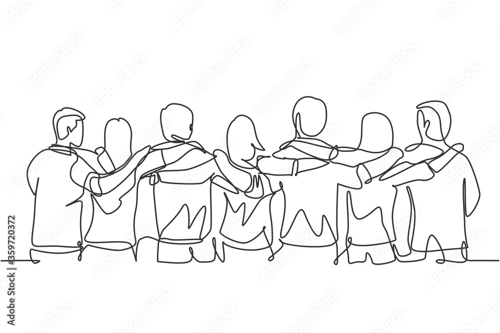 Single continuous line drawing about group of men and woman from multi ethnic standing together to show their friendship bonding. Unity in diversity concept one line draw design vector illustration Single continuous line drawing about group of men and woman from multi ethnic standing together to show their friendship bonding. Unity in diversity concept one line draw design vector illustration