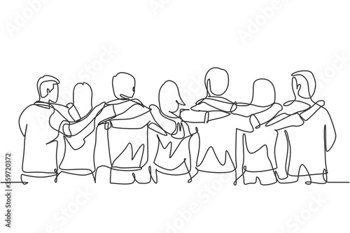 Single continuous line drawing about group of men and woman from multi ethnic standing together to show their friendship bonding. Unity in diversity concept one line draw design vector illustration