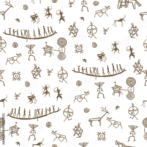 Seamless pattern of rock paintings on a white background. Cave paintings with ethnic people, animals, mystical symbols, petroglyphs.
