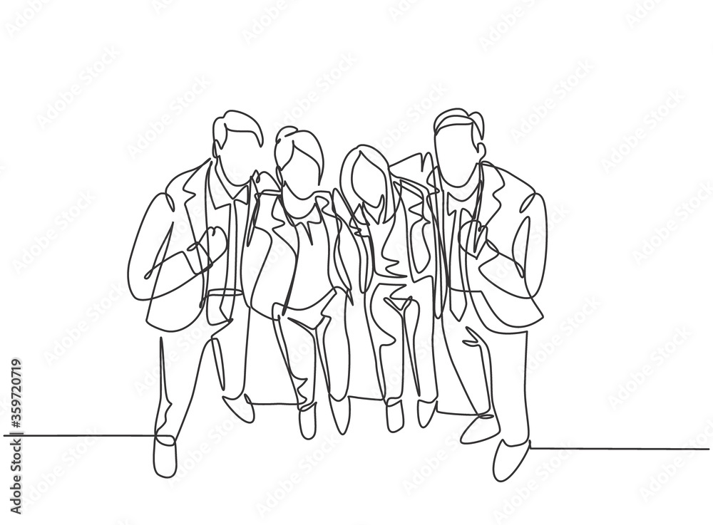 One continuous line drawing of young happy male and female employees standing together and posing to hug each other at office. Business friendship concept single line draw design vector illustration One continuous line drawing of young happy male and female employees standing together and posing to hug each other at office. Business friendship concept single line draw design vector illustration