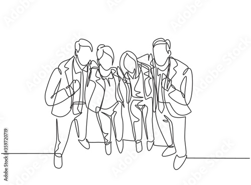 One continuous line drawing of young happy male and female employees standing together and posing to hug each other at office. Business friendship concept single line draw design vector illustration