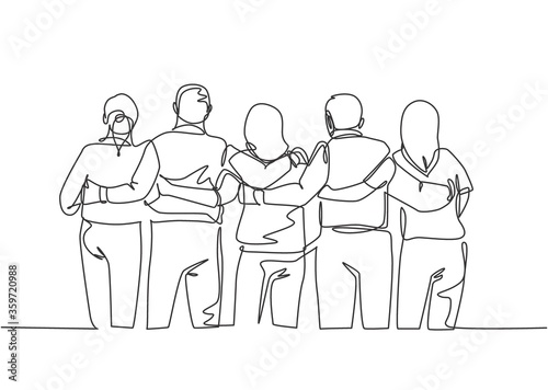 Single continuous line drawing about group of men and woman from multi ethnic standing and hugging together to show their unity bonding. Friendship concept one line draw design vector illustration