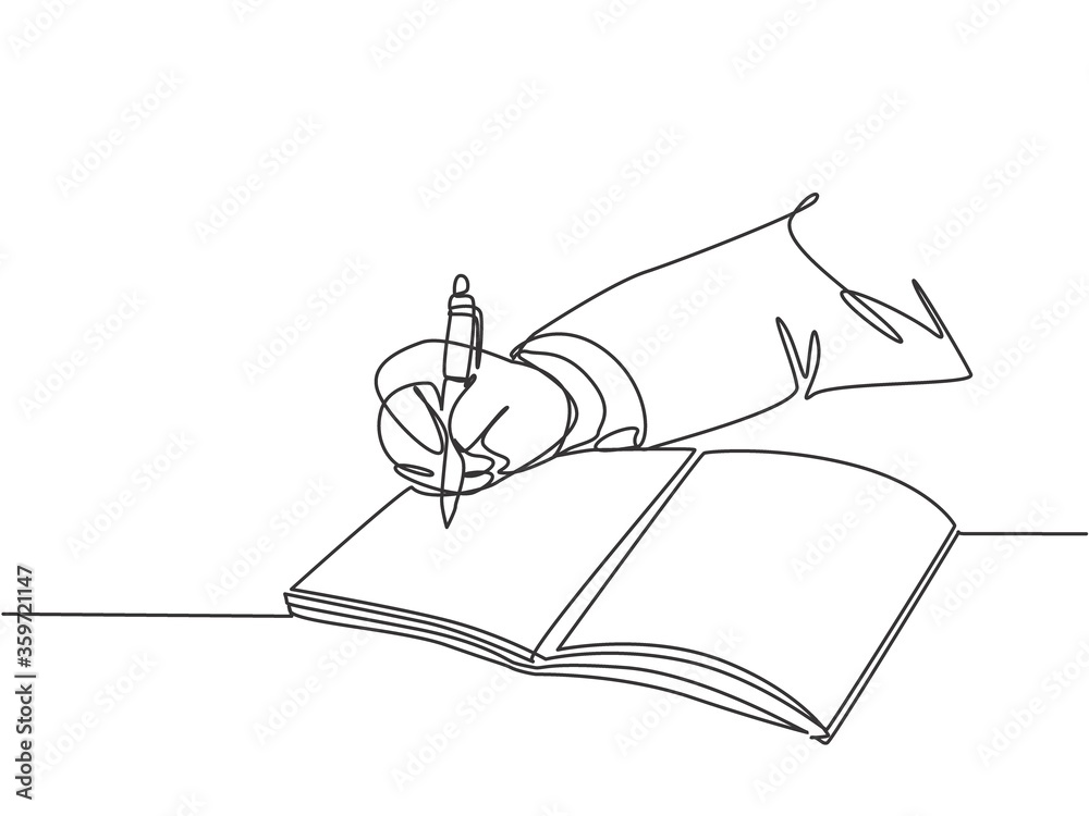 Single continuous line drawing of hand gesture writing on an open note book to write business draft. Write business diary concept. Trendy one line draw graphic design vector illustration Single continuous line drawing of hand gesture writing on an open note book to write business draft. Write business diary concept. Trendy one line draw graphic design vector illustration