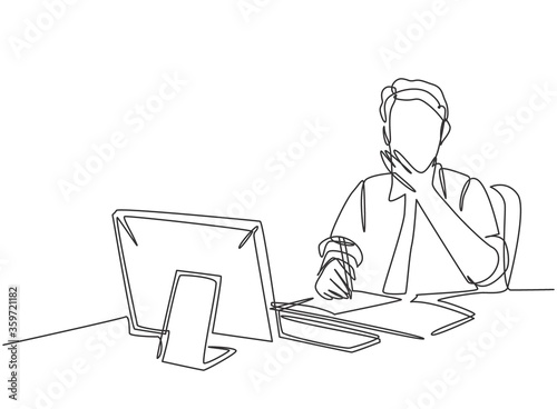 One single line drawing of young pensive businessman sitting and watching computer screen to analyze data company. Business analysis writing concept continuous line draw design vector illustration