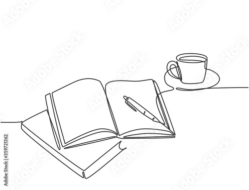 Single continuous line drawing of hand gesture writing on an open book beside a cup of coffee at work desk. Writing draft business concept. Modern one line draw design vector graphic illustration