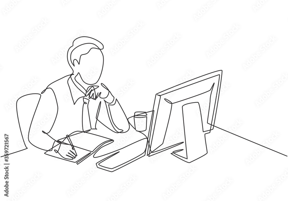 One single line drawing of young pensive businessman sitting and watching computer screen to analyze data company. Business analysis writing concept continuous line draw design vector illustration One single line drawing of young pensive businessman sitting and watching computer screen to analyze data company. Business analysis writing concept continuous line draw design vector illustration